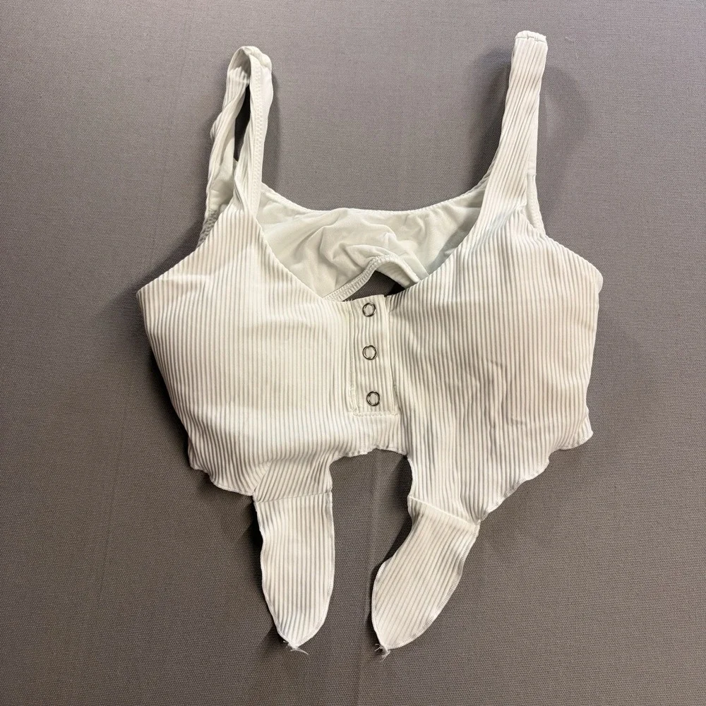 Body Glove Womens S White Ribbed Bikini Top Y2K Snap Front Cutout Swim